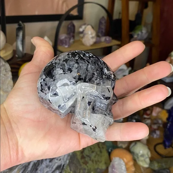 Insanely Dense Black Tourmalated Quartz Skull Carving - Picture 7 of 7